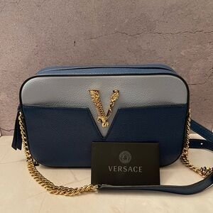Versace Virtus Shoulder Bag Blue Color Block with Gold Hardware EUC